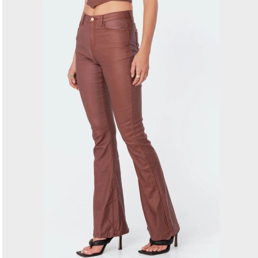 Edikted Luna Faux Leather Mid Rise Flared Jeans Brown Size M Metallic Edgy